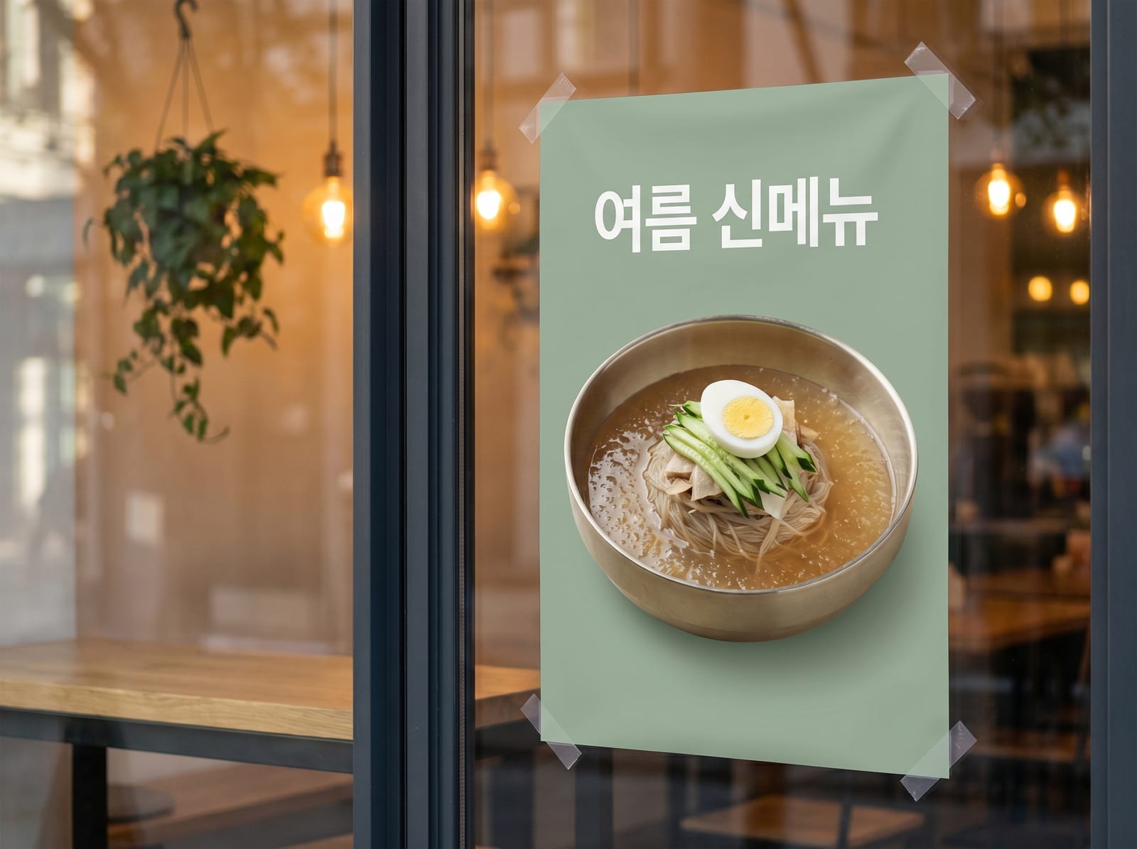 매장 유리문 안쪽에 부착된 세로형 현수막