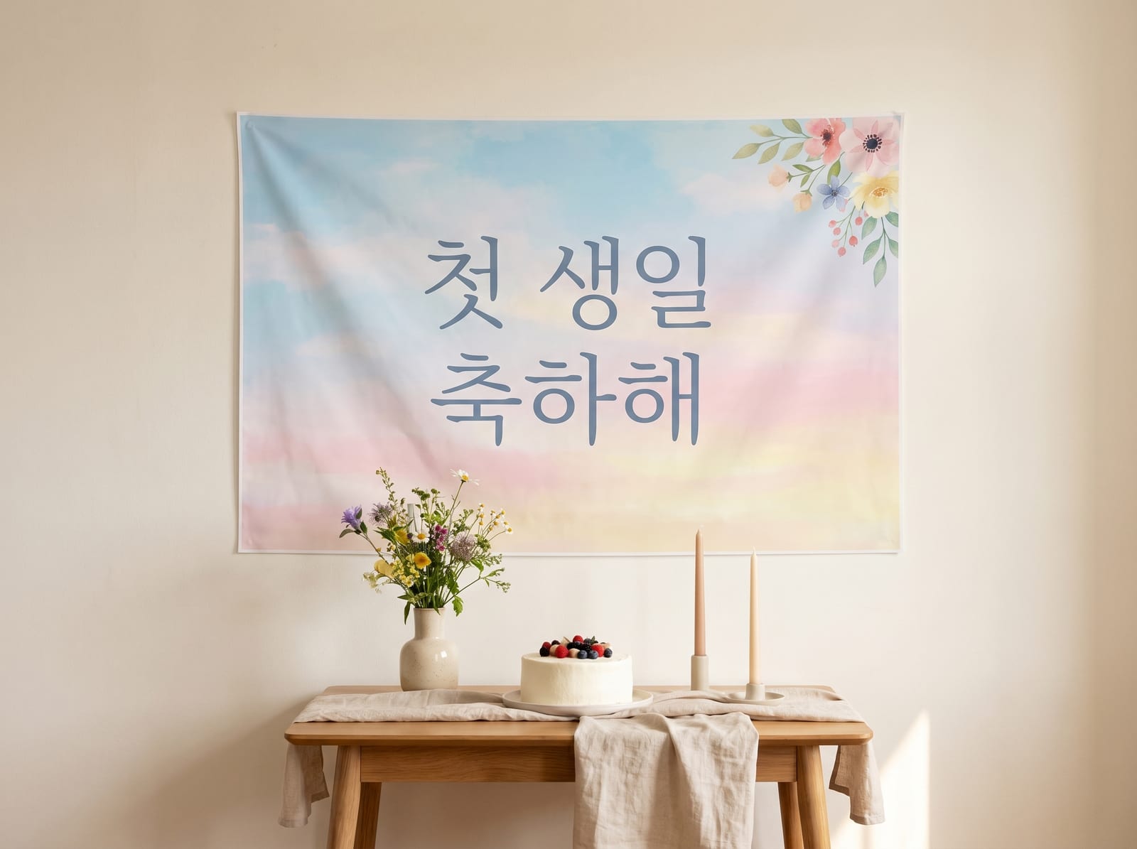 실내 행사 벽면에 건 소형 가로 현수막
