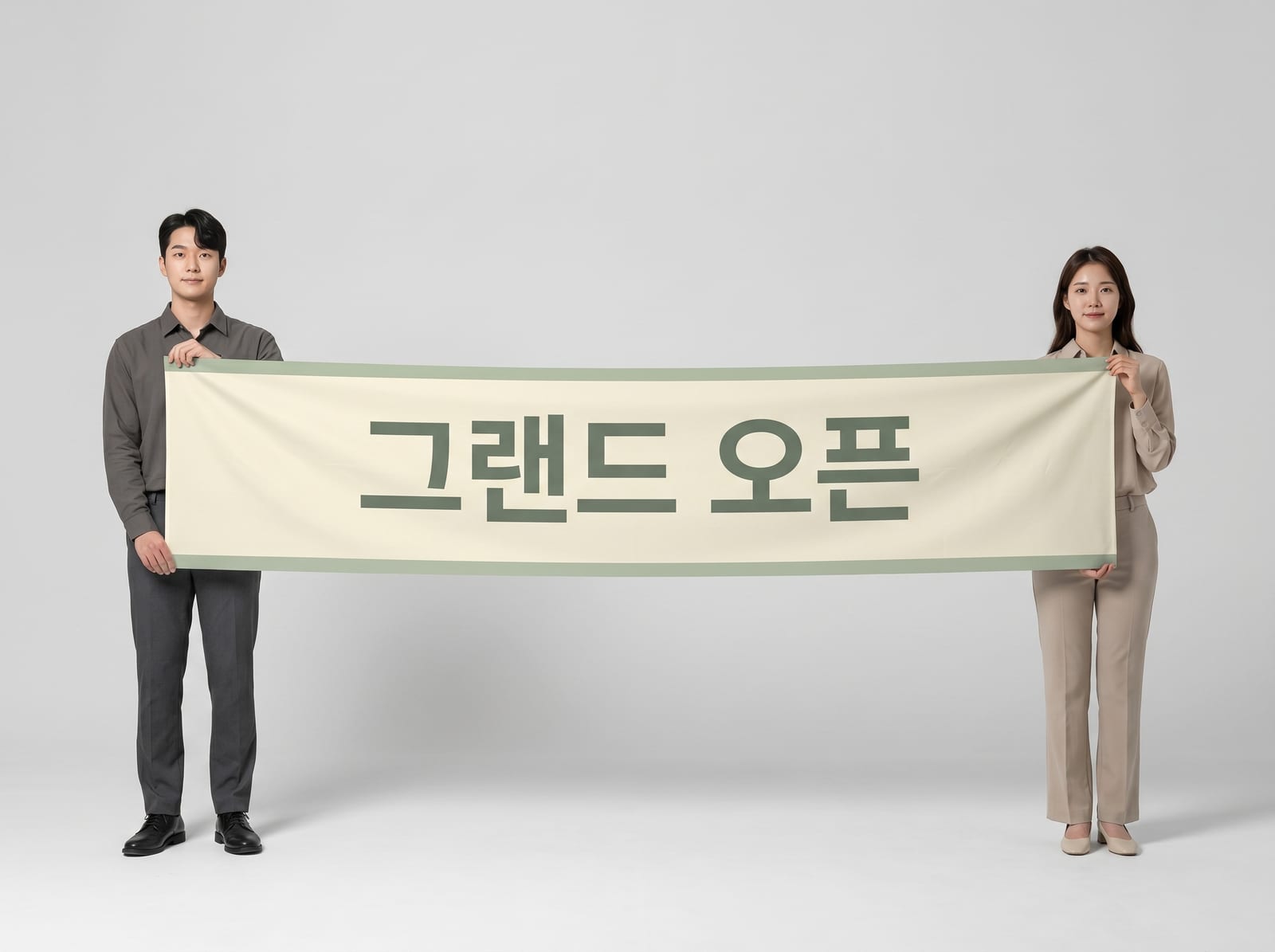 두 사람이 500×90cm 가로 현수막을 양끝에서 펼쳐 든 휴먼 스케일 컷