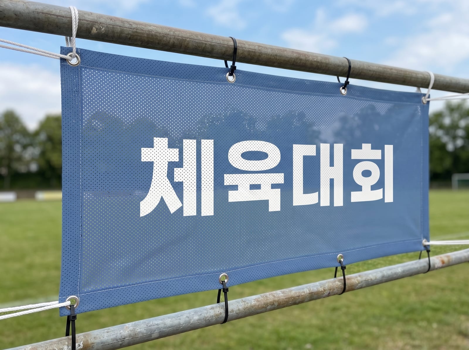 바람이 통과하는 개방 펜스에 설치한 메쉬천 현수막