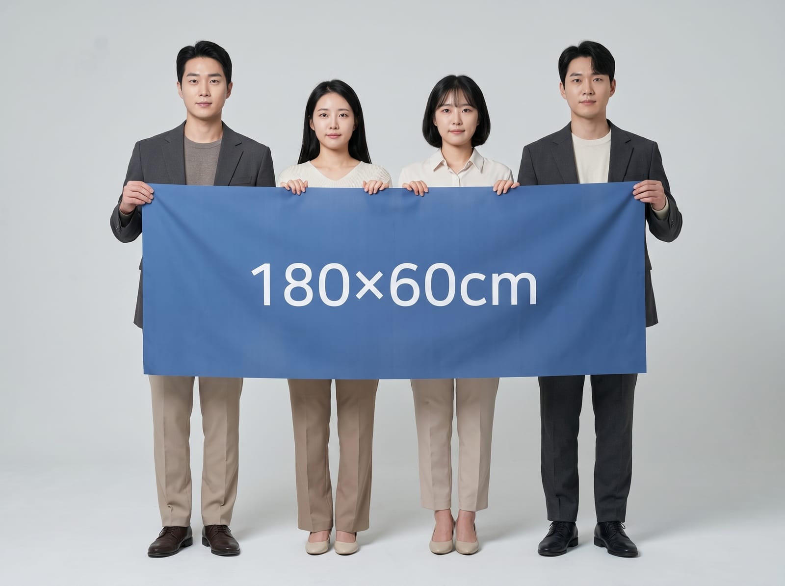180×60cm 현수막을 사람 2~4인 옆에서 비교한 사이즈 체감 컷