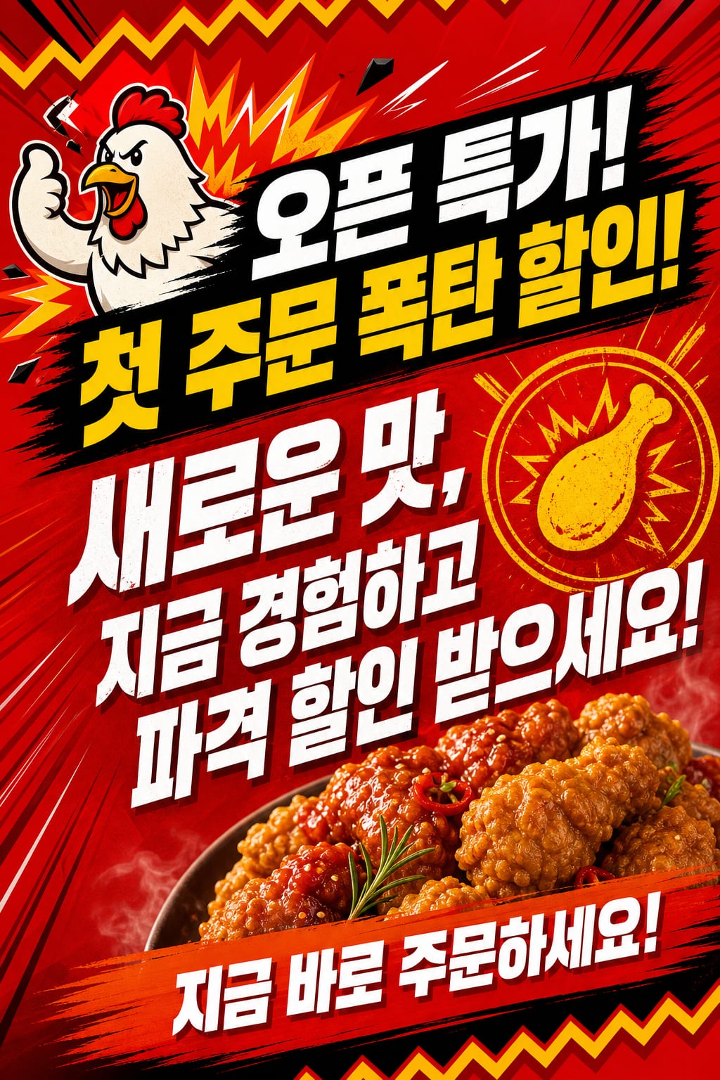 한 줄 프롬프트로 생성한 치킨집 배달 오픈 할인 전단지 시안