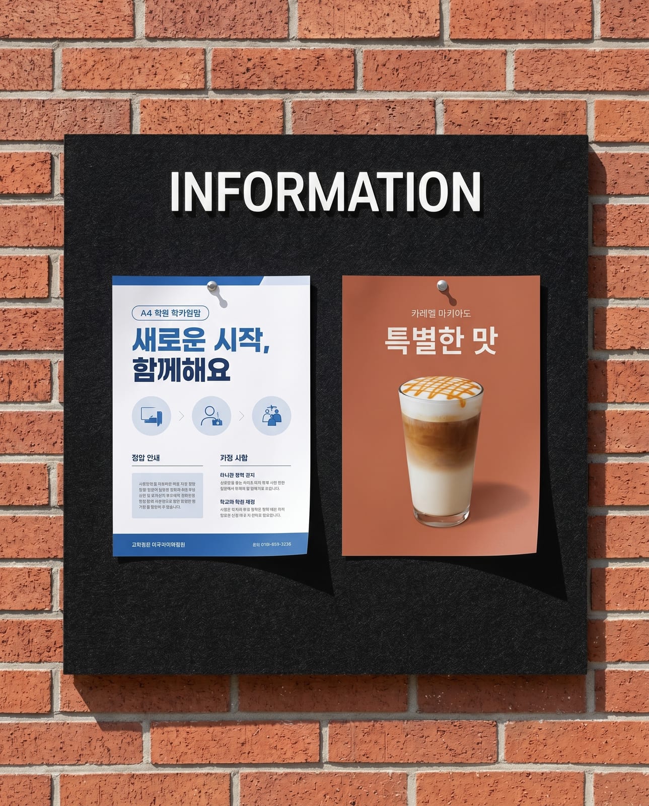 게시판에 부착된 학원과 카페 전단지 두 장