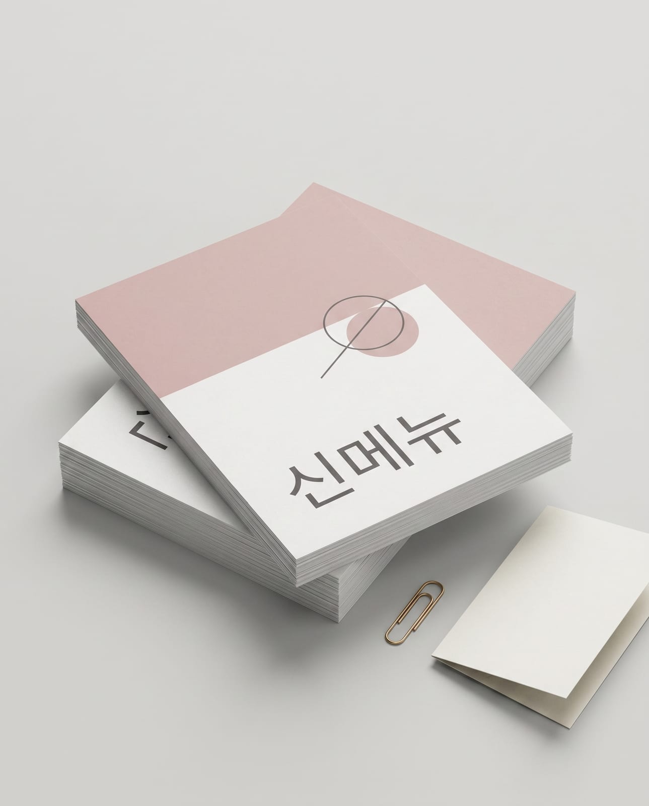 AI로 제작한 전단지 시안을 사선 탑뷰로 연출한 미니멀 스튜디오 컷