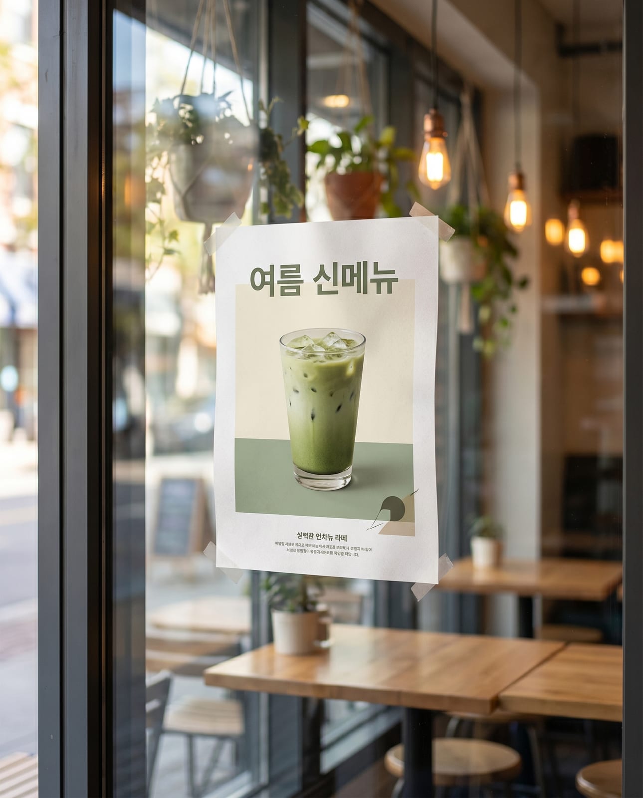 카페 매장 유리문 안쪽에 부착된 전단지