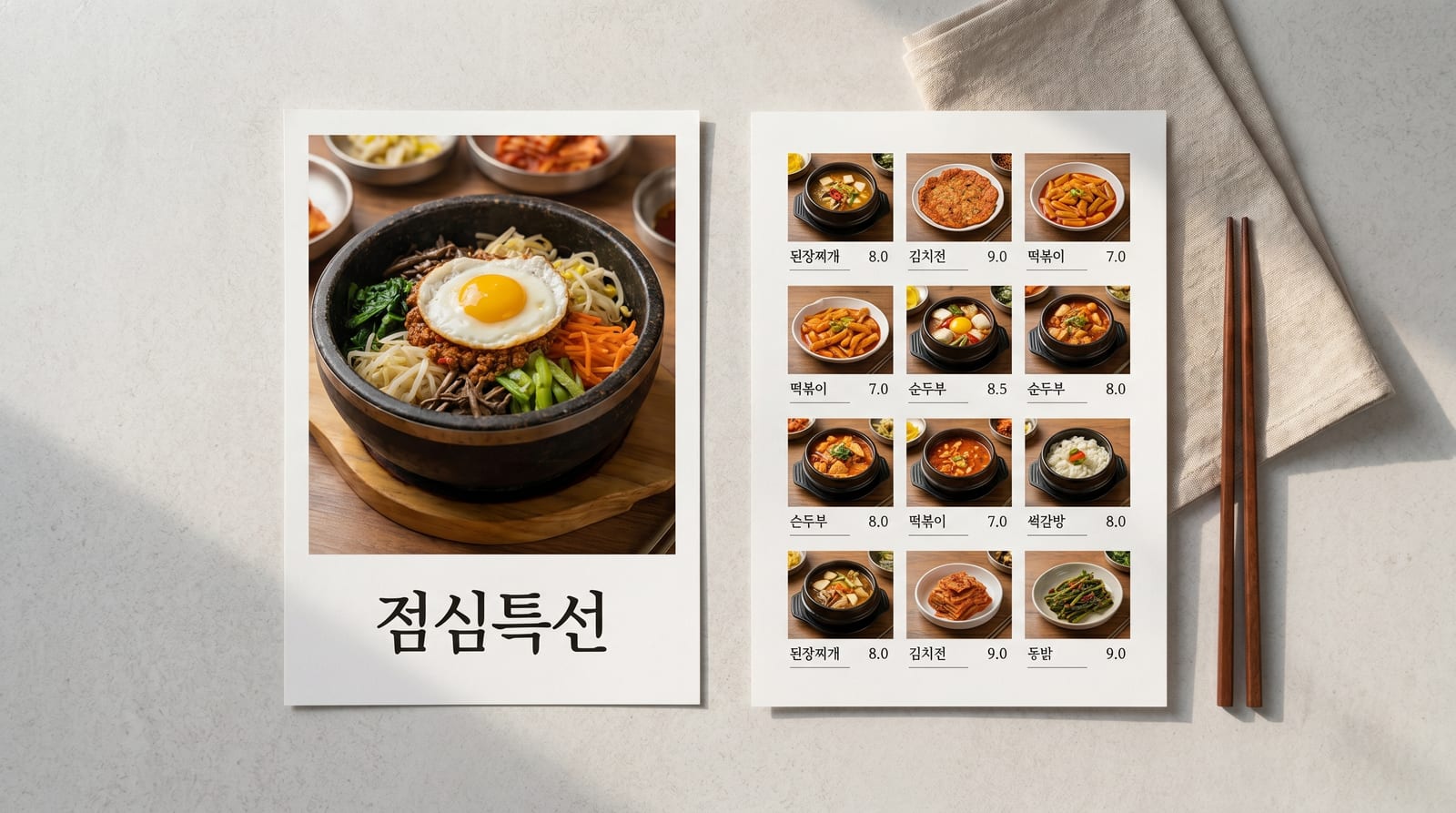 음식점 양면 전단지의 앞면과 뒷면을 동시에 펼쳐 보여주는 플랫레이